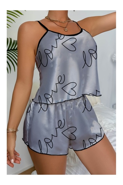 Cicişim Gray Love Printed Satin Shorts Nightgown Set