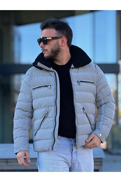 KINGAF Shiny Leather Men's Coat - Sheepskin Collar