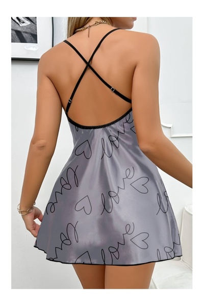 Cicişim Gray Love Printed Satin Nightgown