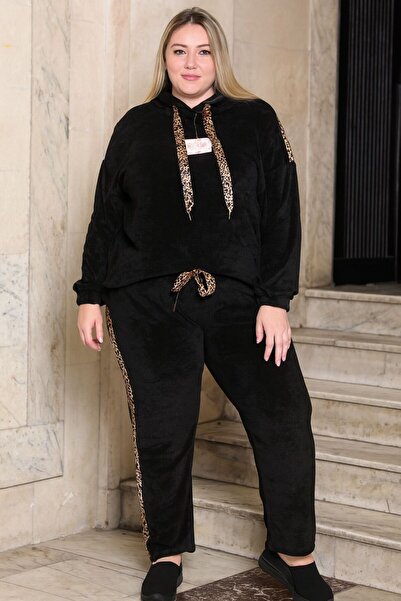 NUR TEKSTİL kadın kadife Bağcıklı Kapüşonlu Leopar Desen Cepli Esnek Rahat Dö...