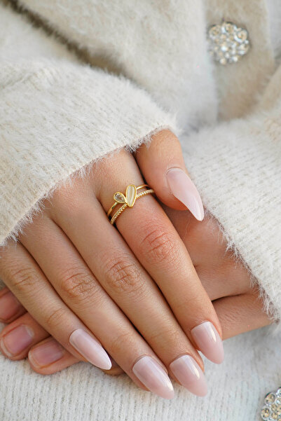 The Collection Set of 2 Modern Heart and Solitaire Detailed Form Vip Gold Rings