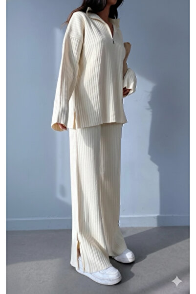 NİCE Γυναικείο πλεκτό κοστούμι με ριμπ γιακά με φερμουάρ στο πλάι με φερμουάρ