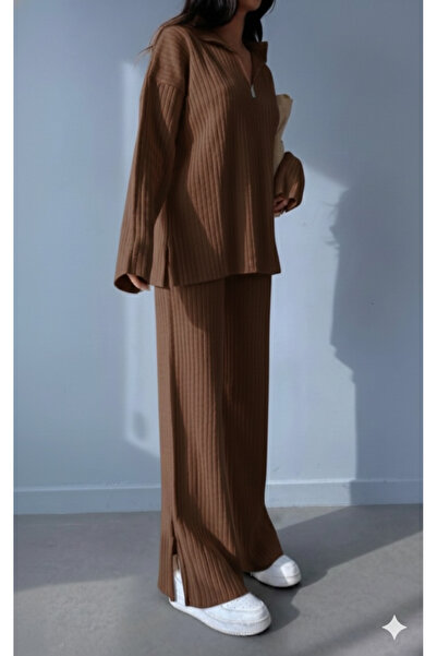 NİCE Women's Baggy Style Corded Fabric Collar Zippered Leg Slit Side Zippered Knitwear Set Coffee Tone