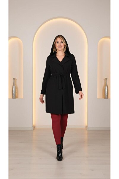 Nidya Moda Kadın Siyah Kapüşonlu Kuşaklı Ceket 1016SS