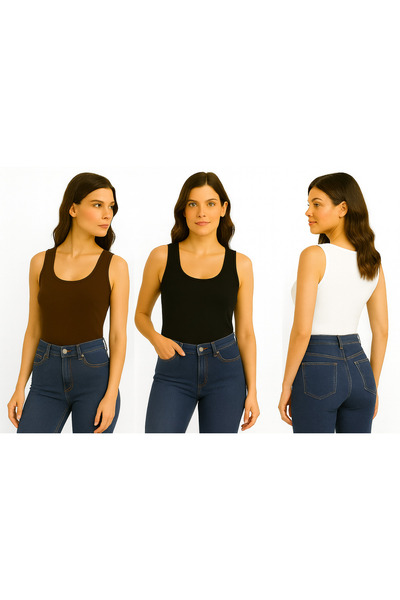 ingegno Body guler rotund Sifon cu mâneci zero din material subțire țesătură Badi 3 piese alb, negru, maro deschis