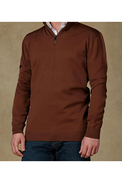 Abbate Ανδρικό ίσιο πλεκτό ύφασμα Velo Knitted Fabric Rayon Blended Modern Fit Brown ψηλός λαιμός