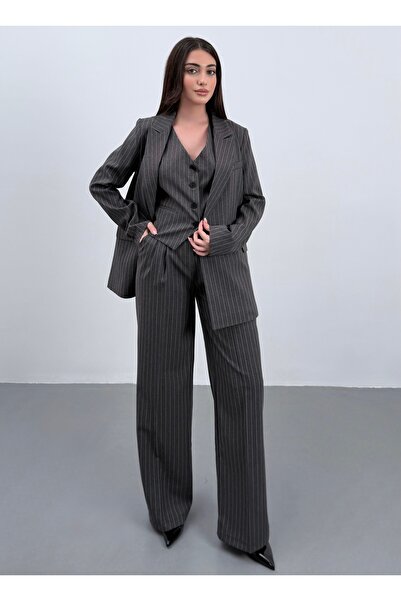ossons Premium Women's Striped Jacket Vest Pants 3-Piece Set – Modern Office Chic