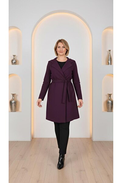 Nidya Moda Kadın Mürdüm Kapüşonlu Kuşaklı Ceket 1016SM