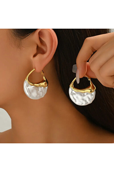 Luvitaaksesuar İnci Görünümlü Dalga Form Altın Renk Küpe