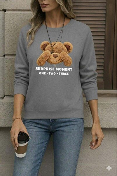 GENCULUS بلوزة نسائية بأكمام طويلة وياقة دائرية وطبعة دب تيدي من الفسكوز بخيطين