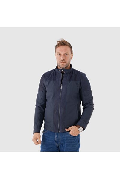 TOGO Lacivert Hakiki Deri Erkek Süet Detaylı Deri Mont [810016]