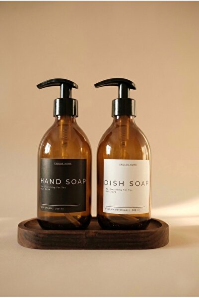 Frolde Ahşap Stantlı 2'li Amber Cam Sıvı Sabun Bulaşık Deterjanı Şişesi Sabunluk