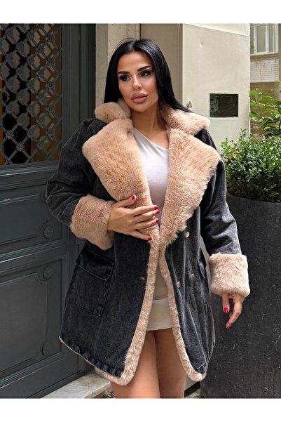 Lady Pixie فروي الدينيم معطف طويل للمرأة