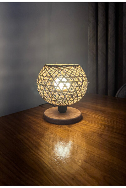 METEDEKOR Ahşap Tabanlı Örgü Başlık Abajur Handmade Bohem