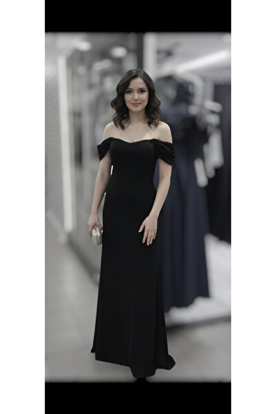 ENGIN Cahide Custom Made Black Lined Glitter Furoko Stretch Fabric Fabric Princess Sleeve A-Line Evening Dress