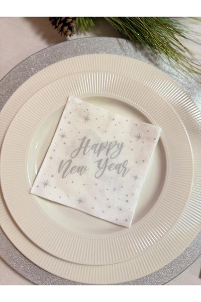 Mank Șervețele festive Spanlin - An Nou Fericit (argintiu) / 24 x 24 cm / 20 buc