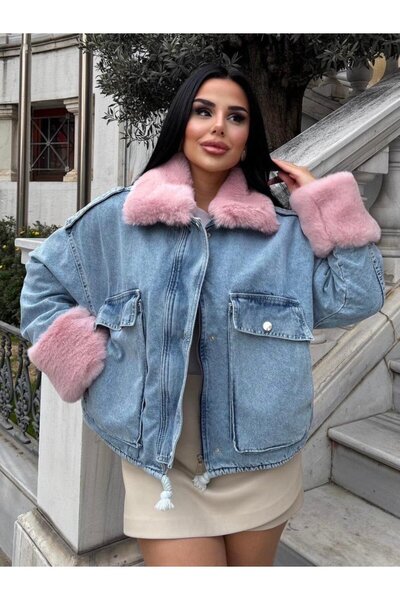 Lady Pixie Palton de damă din denim cu blană