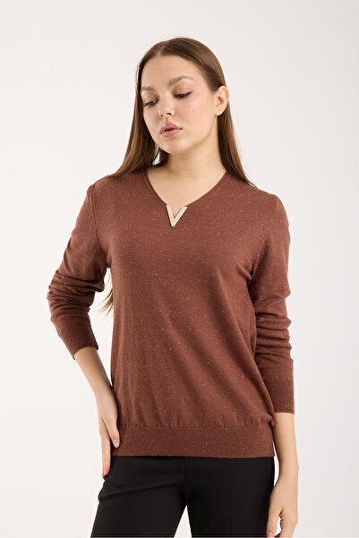 Clothes Fast Women's Beige Glitter V-Neck Sweater