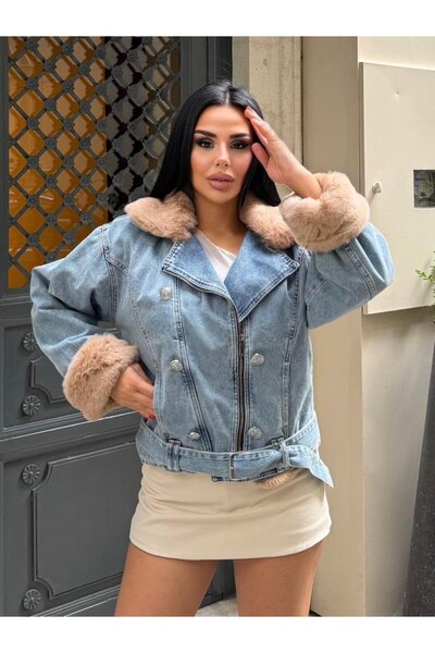 Lady Pixie Palton din denim cu guler și mâneci din blană, cu centură