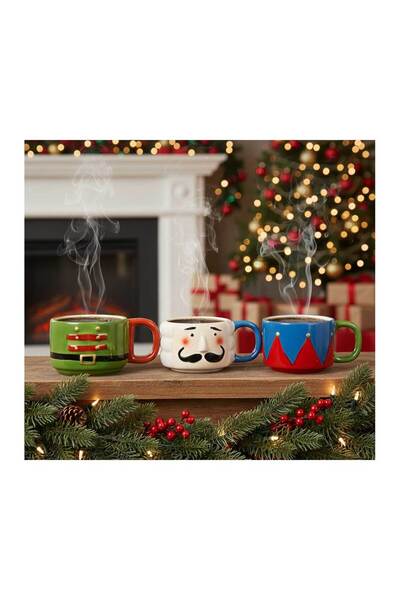 Housevetta Set of 3 coffee, tea, Christmas mugs, Nutcracker, 3D, ceramic, 380 ml