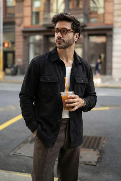 MADZEYMODA Ανδρικό πουκάμισο Scuba Black Suede New Season Mz19808