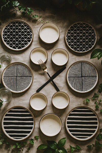 Kitchen Life 12 Piece Stackable Pop Black and White Breakfast Set for 6 People - Luxury Breakfast Presentation Plate Set