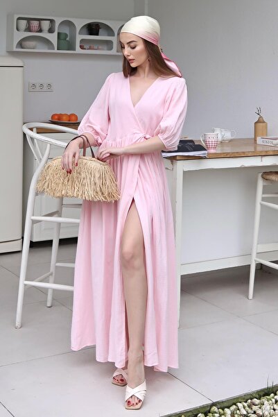 Elbee Fashion Woman Rochie din muselină cu detaliu de legare roz