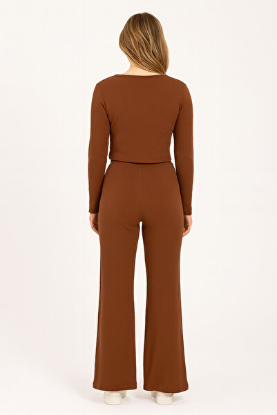 FOR YOU MODA Σετ μακρύ επάνω μέρος από ύφασμα βάφλα – Καφέ |   100% βαμβακερό φυσικό ύφασμα