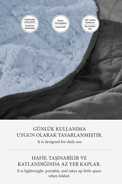 Evlen Home Collection Premium Plush Double Multi-Purpose Bedspread 200X220 Double-Sided Blanket Gray Blue Anthracite