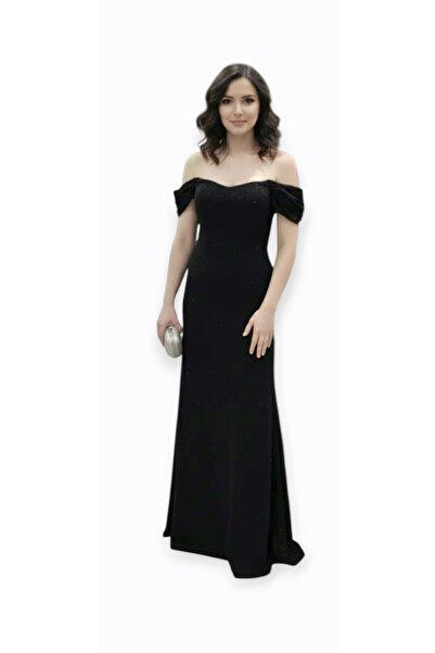 ENGIN Cahide Custom Made Black Lined Glitter Furoko Stretch Fabric Fabric Princess Sleeve A-Line Evening Dress