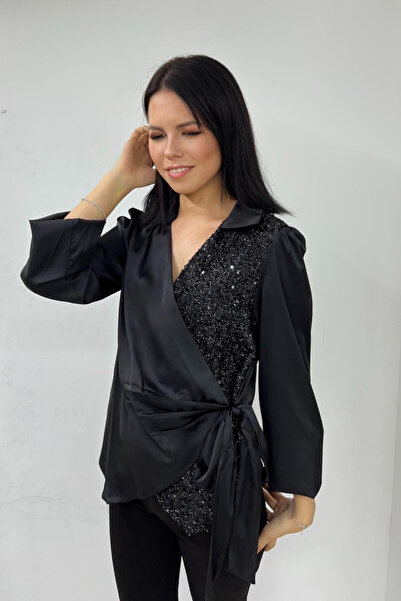 thesunfyre ΓΥΝΑΙΚΕΙΑ Σατέν μπλούζα με λαιμόκοψη V, ελαστικό μανίκι, ημι-παγιέτες, κορδόνι στο πλάι και λεπτή εφαρμογή