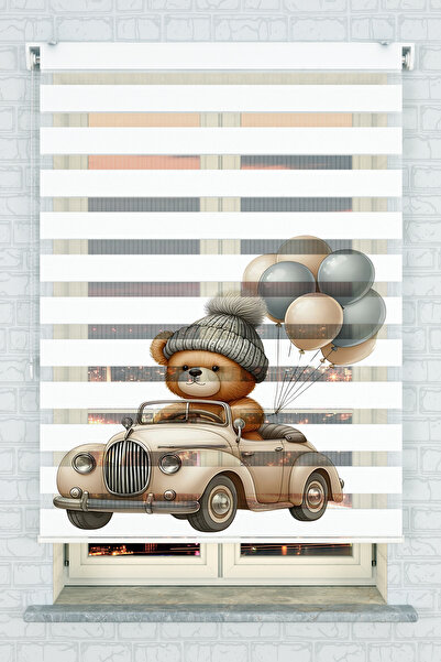 akel collection Ayıcık ve Balonlu Araba Desenli Baskılı Zebra Stor Perde - Ço...