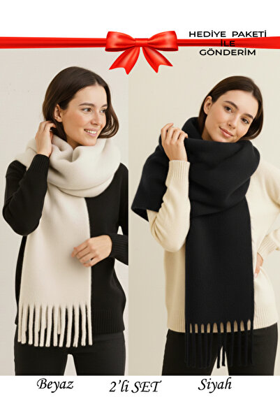 Bermody Set de 2 eșarfe pentru femei, alb, negru, cu textura moale, șal pentru umăr, 50x190 cm