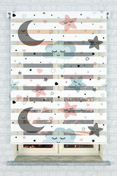 akel collection Ay, Yıldız ve Bulut Desenli Zebra Stor Perde - Çocuk Odası Di...