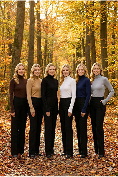 navesta 6-Piece Finger Detailed Slim Fit Long Sleeve Turtleneck Top Black-Whi...