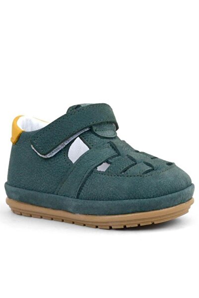 Rakerplus Muppet Hakiki Deri Yeşil Sarı Cırtlı Anatomik Bebek Sandalet Ayakkabı