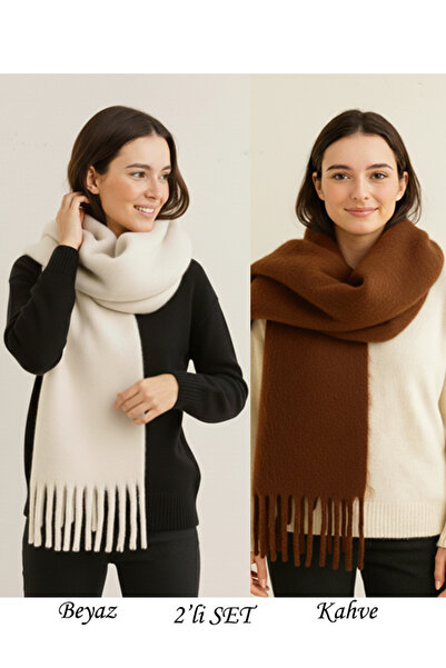 Bermody Set de 2 eșarfe pentru femei, cu textura moale, alb murdar, maro, șal...