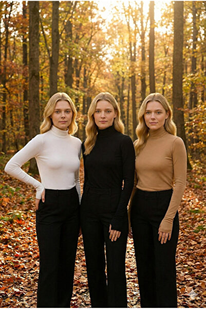 navesta 3-Piece Finger Detailed Slim Fit Long Sleeve Turtleneck Top Black-Whi...