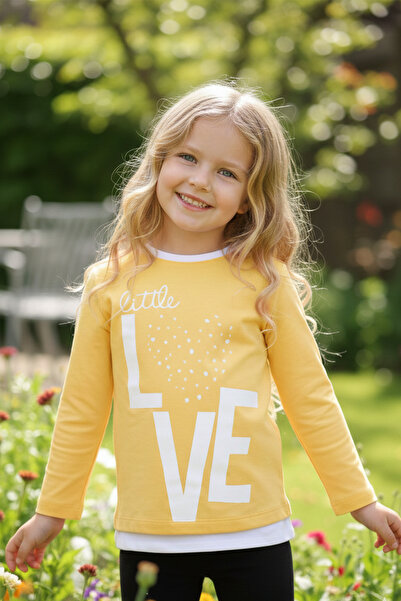 LUESS Kız Çocuk Love Baskılı Ekru Garni Detaylı Uzun Kol Pembe T-shirt-(2-3 Y...
