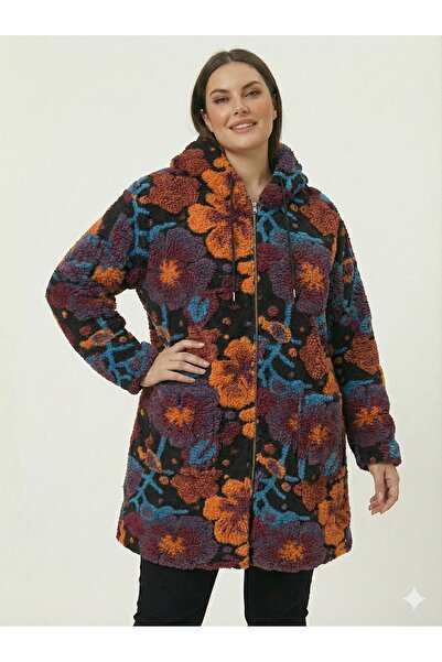 della moor Women's Black Italian Plus Size Wool Long Felt Coat Embossed Zipper Closure K Hooded 40-52 Size