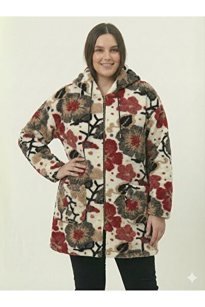 della moor Women's Ecru Italian Plus Size Wool Long Felt Coat Floral Zipper K Hooded 40-52 Size