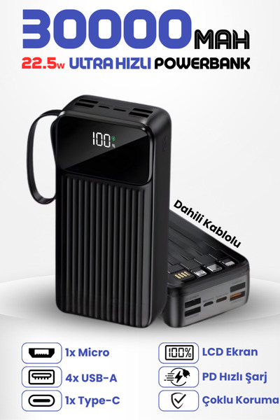 Enshall 30.000 mAh Linkage 22.5W Hızlı Şarj Destekli Dahili Kablolu Taşınabil...