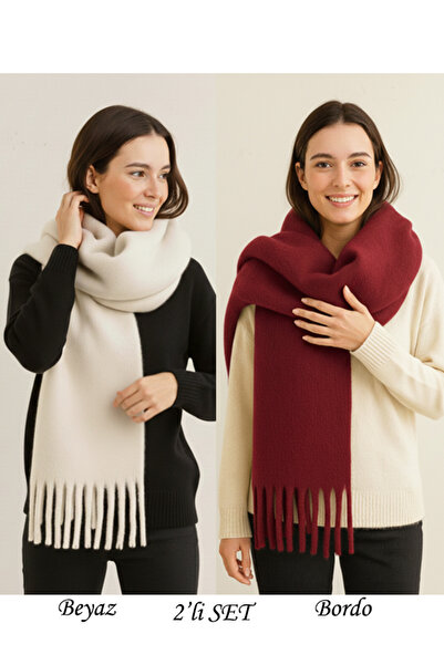 Bermody 2li Set Puffy Kırık Beyaz Bordo Yumuşak Dokulu Kadın Atkı Şal Omuz Şa...