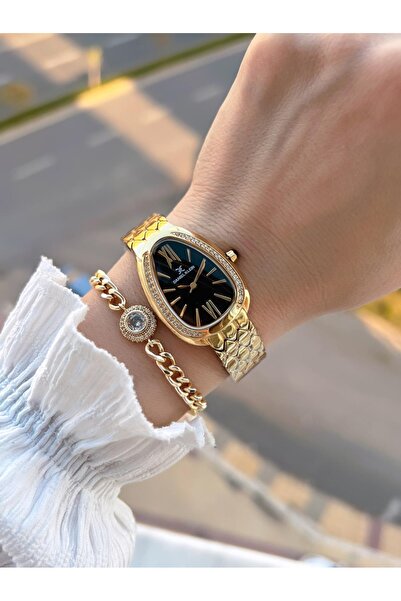 Daniel Klein Sarı Gold Çelik Kordon Siyah Katran Suya Dayanıklı Kadın Kol Saati Bileklik Bdk.13868.4