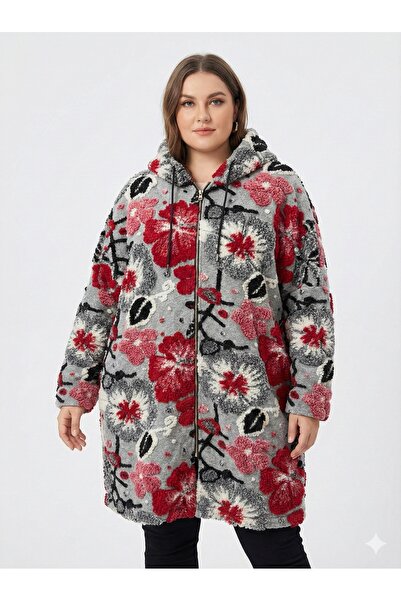 della moor Women's Gray Italian Plus Size Wool Long Felt Coat Embossed Zipper K Hooded 40-52 Size