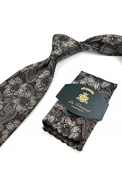 Kravatkolik Μπεζ - Καφέ Κλασική Γραβάτα με Μοτίβο Λουλουδιών KK12949