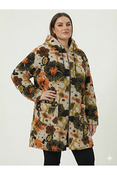 della moor Women's Beige Italian Plus Size Wool Long Felt Coat Floral Embossed Zippered K Hooded 40-52 Size