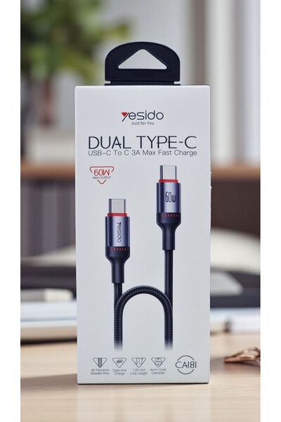 Yesido CA181 1.2M PD 60W Fast Charging Type-C to Type-C Braided Data Cable with Power LED