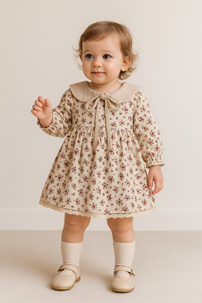 Yollo Kids Kız Bebek&Çocuk Elbise Çiçekli Yaka ve Tül Detaylı Müslin Kumaş