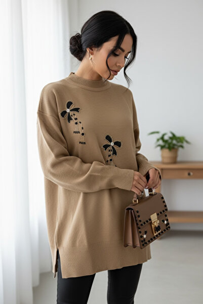 NEWCO Μακρυμάνικο πλεκτό τούνικ με κεντημένα λουλούδια, κομψό και άνετο, κατάλληλο για καθημερινά συνδυασμούς - Μπεζ